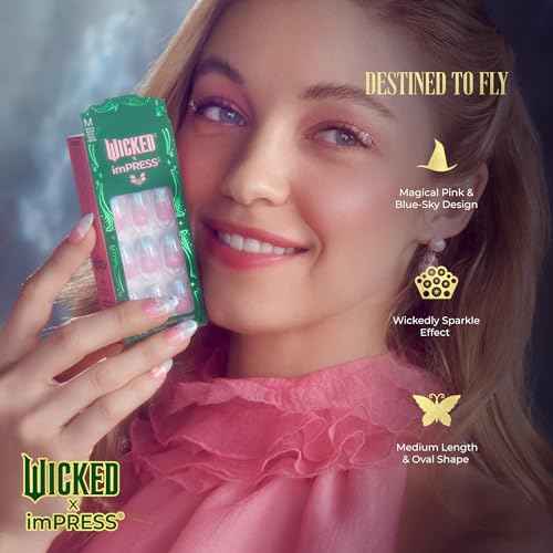 WICKED X imPRESS Press On Nails, New Improved Adhesive, Up To 10 Day Hold, ¡®Destined To Fly¡¯, Pink/Sky Blue, Medium Oval, Includes 30 Fake Nails, 1 Prep Pad, 1 Manicure Stick, 1 Mini File