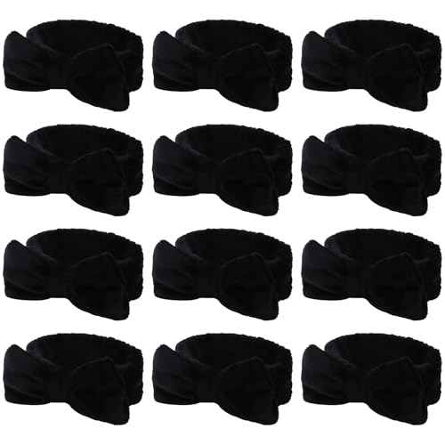 Casoty 12 Pcs Black Spa Headbands, Hair Holder for Washing Face, Soft Coral Fleece Facewash Headband, Bow Hair Bands, Skin Care Headband for Face Washing Shower Skin Care Yoga
