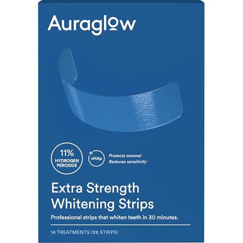Auraglow Extra Strength Teeth Whitening Strips, Strong Whitening Strips, 14 Whitening Treatments, 11% Hydrogen Peroxide with Nano Hydroxyapatite to Reduce Sensitivity & Protect Enamel, 28 Strips, Mint
