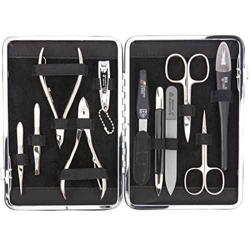 3 Swords Germany - brand quality 11 piece manicure pedicure grooming kit set for professional finger & toe nail care scissors clipper black genuine leather case in gift box, Made in Germany