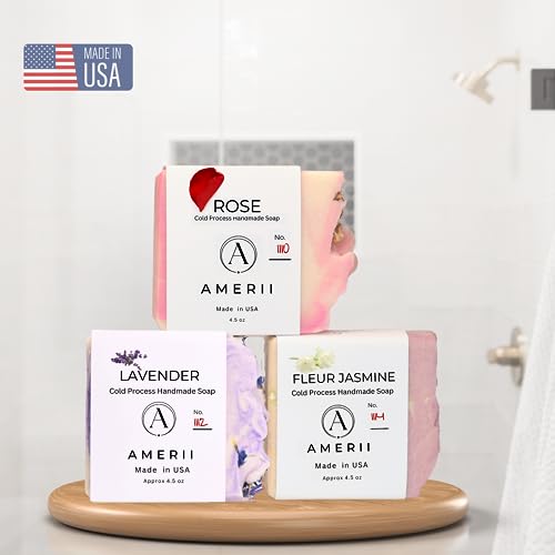 Amerii Floral Soap Bar - Artisan All-Natural Handmade Soap (3 Pack) - Organic Body and Face Soap Bar, Cold Pressed- Vegan Natural Bar Soap- Essential Oils Lavender- Rose - Jasmine 13.5onz