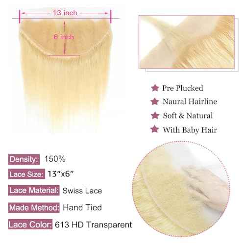 613 Blonde Frontal Straight 13x6 Transparent HD Lace Frontal Closure 12A Brazilian Virgin Remy Hair Free Part Ear to Ear Blonde Human Hair For Women Pre Plucked With Baby Hair 150% 20 Inch