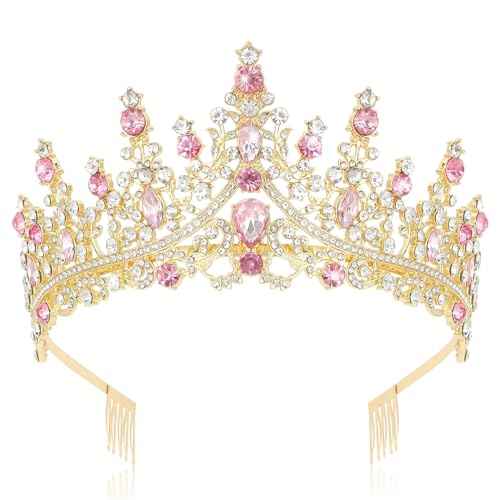 CURASA Gold Princess Crown Pink Tiara for Little Girls Tiaras and Crowns for Women Queen Crowns Birthday Crown Adult Women Fairy Crown Quinceanera Crown Headpiece Wedding Crown for Bride
