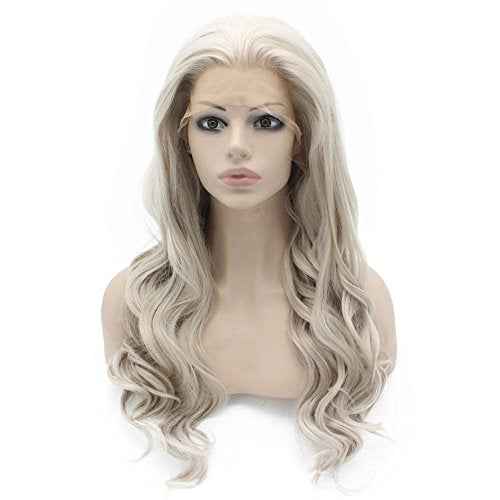 MX angel Long Wavy Celebrity Lace Front Wig Half Hand Tied Heat Resistant Fiber Gray Lace Front Synthetic Hair Wig