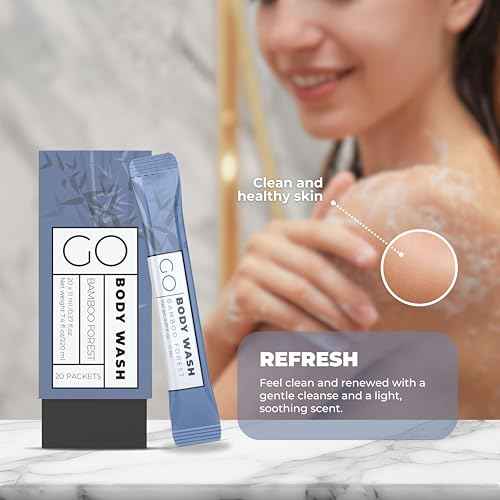 GO Essentials Travel Size Single Use Body Wash Packets - TSA Friendly, Bulk Supplies for Airbnb Essentials, Shelters & Hotels (Bamboo Forest, 4 Boxes/80 Packets)