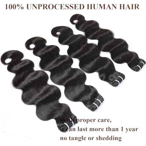 Human Hair Bundles Body Wave 4 Bundles 100% Unprocessed 12A Grade Brazilian Hair Weave 4 Bundles Human Hair Extensions Natural Black 16-22 Inch