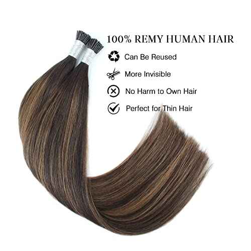 ABH AmazingBeauty Hair Keratin I Tip Hair Extensions Human Hair 18 Inch Darkest Brown with Chestnut Brown Balayage I Tip Extensions Real Human Hair For Women #2/6/2 50 Strands 50 Grams