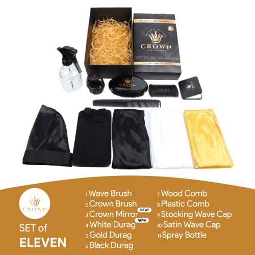 11-in-1 Deluxe Wave Hair Care Set - 3 Durags, Wave Brush, Bristle Beard Brush, Wave Comb, Spray Bottle, 2 Stocking Caps, Mirror for Men