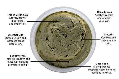 JustNeem, French Clay Mask with Neem, for Blemishes, Blackheads, Rashes; for Irritated and Stressed Skin; Deeply Cleansing and Rejuvenating; Rosemary, Lavender, Eucalyptus Essential Oils, 3.4 oz