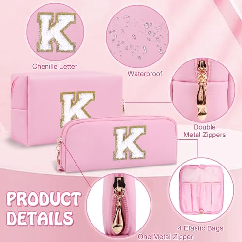 2 Pcs Makeup Bag Personalized Gifts Initial Cosmetic Bag with Small Makeup Brush Bag, Pink Cute Preppy Travel Toiletry Zipper Pouch,Waterproof PU Makeup Organizer Christmas Gifts for Women(Letter K)