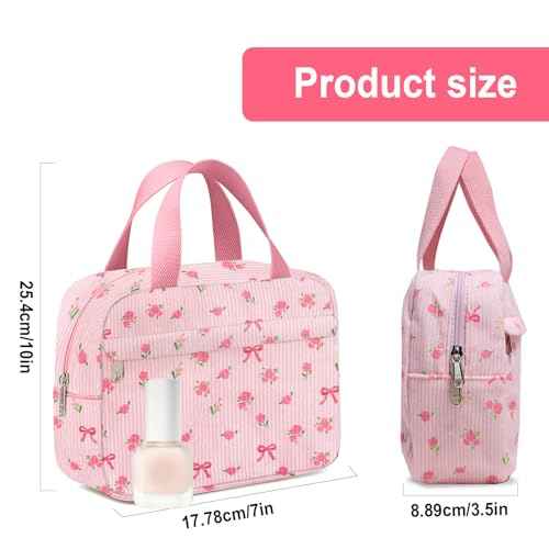 Small Makeup Bag for Purse Cute Corduroy Cosmetic Pouch with Zipper Travel Toiletry Bag for Women(Flower bow pink)