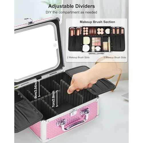 Relavel Makeup Bag with LED Mirror, Makeup Box Travel Train Case with Rechargeable Lighted Mirror, Cosmetic Brush Organizer Storage for Makeup Artists Gifts for Women and Girls, Pink