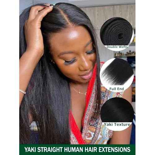 KLAIYI Yaki Straight Bundles Human Hair Weaves Unprocessed Real Virgin Hair Sew In Extensions 3 Bundles 10 12 14Inch, 12A Kinky Straight Double Wefts for Women Cllip In Light Yaki Natural Black Color