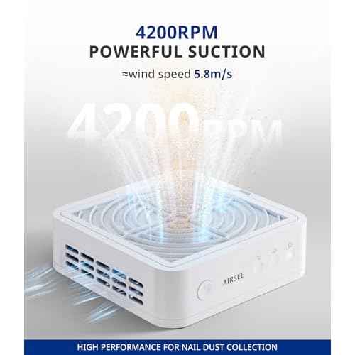 AIRSEE Nail Dust Collector Nail Tech, 4200RPM Vacuum Fan Dust Extractor for Acrylic Nail Polishing Manicure in Salon & Home