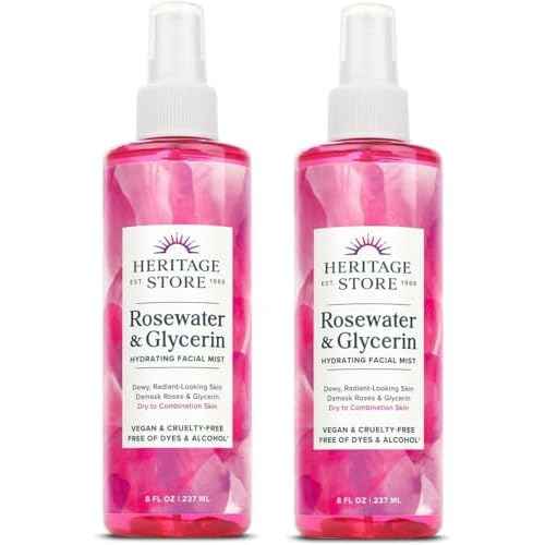 HERITAGE STORE Rosewater & Glycerin 2-pack - Hydrating Facial Mist - Dry Combination Skin Care - Rose Water Spray with Vegetable Glycerine - Made Without Dyes or Alcohol, Hypoallergenic, Vegan, 8oz ea