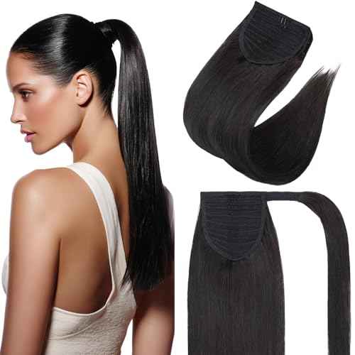 Clip In Real Human Hair Ponytail Extensions for Women 100% Remy Human Hair Ponytail Straight Wrap Around Clip in One Piece Hairpiece 22 Inches 95g #1B Natural Black