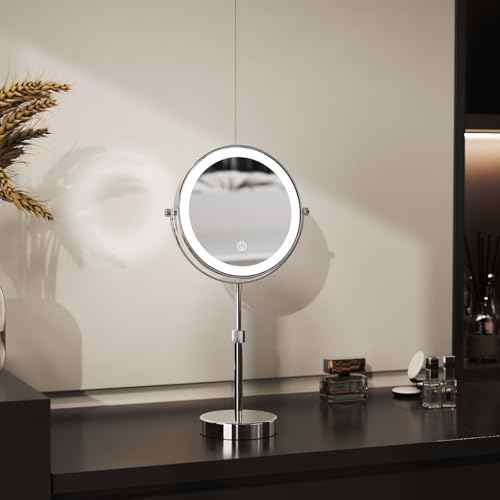 Nicesail LED Lighted Makeup Mirror Tabletop, 10X Magnifying Mirror with 3 Color Lights, Brightness Adjustable Height, Light up for Desk Make up Vanity Table, Double Sided Chrome Finish (8 Inch, 10X)