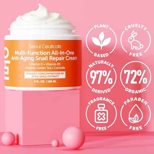SeoulCeuticals Large 4oz 97.5% Snail Mucin Moisturizer Cream Korean Skin Care Day & Night Snail Repair for Face - K Beauty Anti Aging Facial Skincare