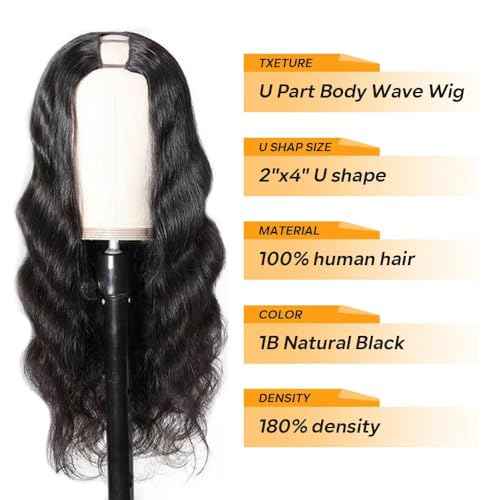U Part Human Hair Wig Body Wave Drawstring Wig 180% Density U Part Wig Brazilian Virgin Human Hair wigs for Women Full Head Clip in Half Wigs Glueless No Leave Out Lace Front Wig Natural Color 20inch