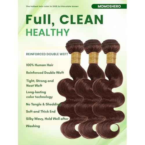 Chocolate Brown 3 Bundles Human Hair Body Wave, Soft Glossy 12A 100% Unprocessed Remy Virgin Hair Colored #4 Medium Dark Brown Bundle Wavy Classy Sew In Weaves Extension (3 Pcs, 14/16/18 IN)