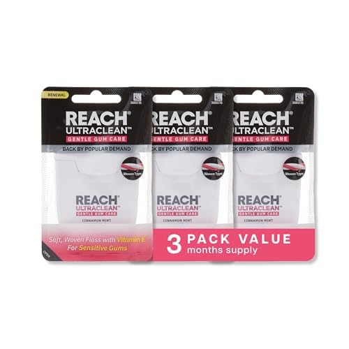 REACH ULTRACLEAN Gentle Gum Care Expanding Floss ? Woven, Non-Waxed, PFAS-Free with Vitamin E, for Sensitive Gums, Cinnamon Mint 55YD (3-Pack)