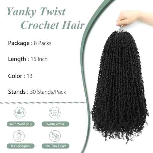 Yanky Twist Crochet Hair 16 Inch 8 Packs Crochet Yanky Twist Hair Spring Mini Twist Crochet Hair Extensions 1B Bohemian Passion Twist Braiding Hair for Black Women
