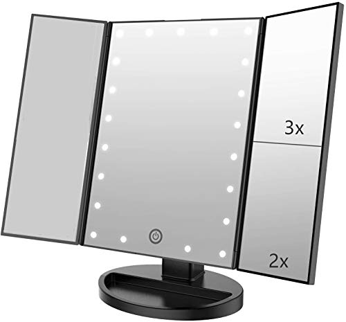 Flymiro Tri-fold Lighted Vanity Makeup Mirror with 3x/2x Magnification,21 LEDs Light and Touch Screen,180 Degree Free Rotation Countertop Cosmetic Mirror,Travel Makeup Mirror (Black)