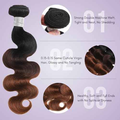 Chestnut Ombre Bundles With 13x4 Hd Lace Frontal Human Hair Body Wave, 12A Dark Brown 3 Bundles Human Hair And Frontal Ear To Ear Free Part #T1B/2/30 3 Tones Colored Sew In Extension 10 12 14+10