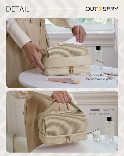 OutSpry Makeup Bag, Travel Cosmetic Bag [Cream Toast Bag] [Makeup Brush Compartment] Large Capacity Double Layer Vegan Leather Water-Resistant Toiletry Bag, Cream White