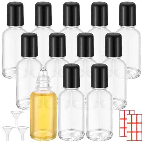 Sumind 12 Pcs 30ml Roller Glass Bottle Essential Oil with Stainless Steel Refillable Sample Container Brown Empty Roller Bottle Applicator with Funnel Sticker for Travel(Clear)