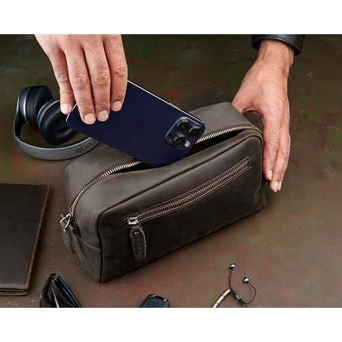 Awesometik Mens Travel Bag Toiletries Organizer Case for Grooming, Toiletry Bag for Men, Travel Essentials Shaving Dopp Kit, Geniune Leather Water Resistant Cosmetic Bag Pouch (Dark Brown)