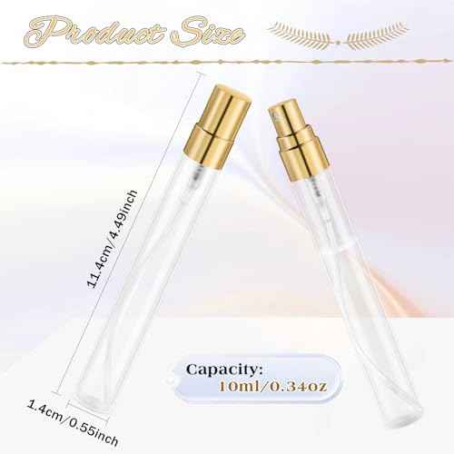 30 Pcs 10ml/0.34oz Mini Spray Bottle Glass Fine Mist Perfume Atomizer Empty Sample Containers with Golden Lids for Travel Cleaning Essential Oils