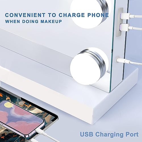 Hollywood Vanity Mirror with Lights, 15 Dimmable Bulbs, 3 Color Lights,Make Up Lighted Mirror, Aluminum Metal Frame, USB Charging Port£¨23" x 18"£©
