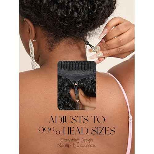 LUVME HAIR Half Wig Kinky Curly Flexi-Fit Invisi Flip Drawstring Wig 200% Density Glueless Wigs 100% Human Hair Natural Black Ready to Go Headband Wig for Women 16 Inches