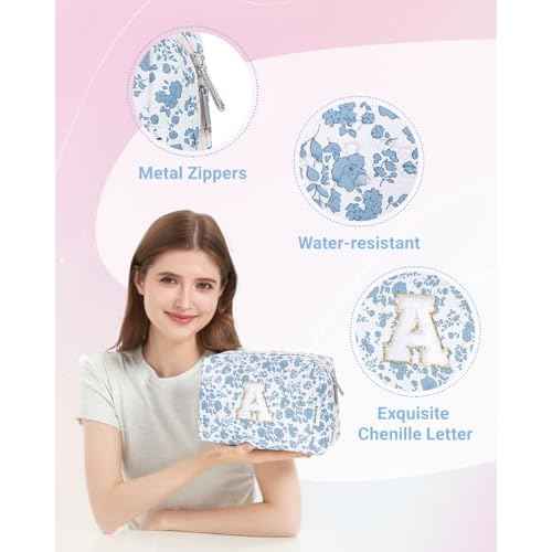 Narwey Christmas Gifts for Teen Girls Kids Women Personalized Initial Floral Makeup Bag Cute Cosmetic Trendy Stuff 6 8 10 11 12 13 14 16 18 Years Old Travel Toiletry Bag (Little Blue Flower A)