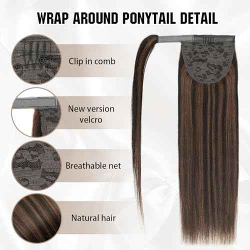 Ponytail Extension Human Hair 20 Inch Dark Brown to Chestnut Brown Silky Straight Clip in Hair Extensions Wrap Around Ponytail Hair Piece for Girls(20 Inch Dark Brown to Chestnut Brown #2P6 95G)