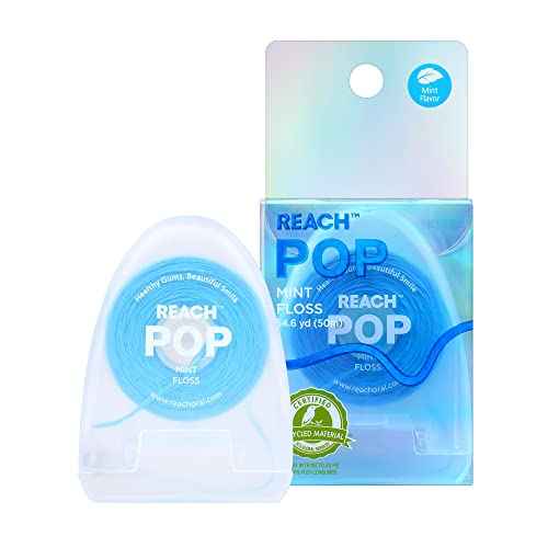 REACH POP Dental Floss, Mint, Plaque Remover for Teeth, Shred Resistant, Vegan Wax, Cruelty Free, Eco Friendly Packaging, Oral Care, PFAS Free, for Adults & Kids, 1 Pack, 54.6 yd