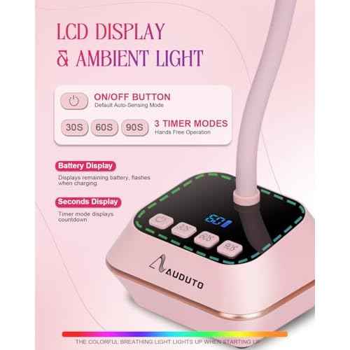 UV LED Nail Lamp for Gel Nails Polish, Flash Cure 36W Rechargeable Cordless Gooseneck Mini Nails Light, Quick Dryer with Timers Smart Sensor Ambient Lighting, Home DIY & Professional Manicure, Pink
