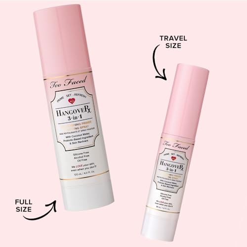 Too Faced Hangover 3-in-1 Primer & Setting Spray | Long Lasting + Hydrating, Travel Size, 1 Fl Oz, Clear