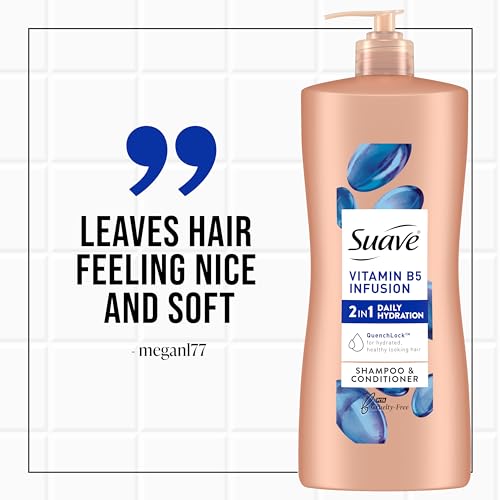 Suave 2-in-1 Moisture Shampoo & Conditioner with Vitamin B5 Infusion and pH Balanced Salon Formula, Anti-Frizz Cleansing for Dry Hair, 28 Oz (Pack of 4)
