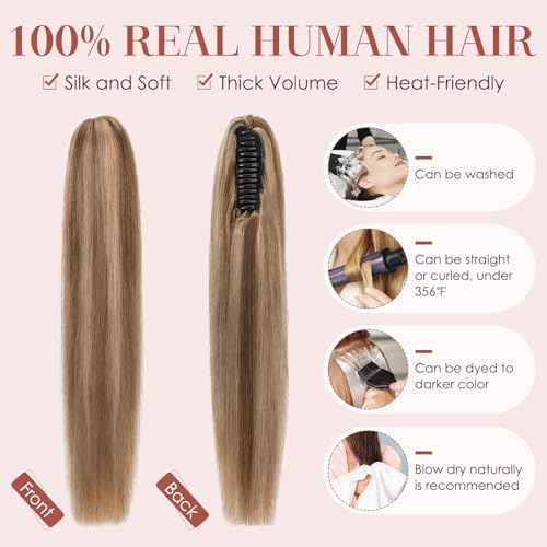 Human Hair Claw Clip Ponytail, Claw Clip Human Hair Ponytail,Effortless Application with Secure Hold,Style in Seconds,Quick Styling Solutions for Busy Lives 16"/109g Medium Brown Mix Dark Blonde