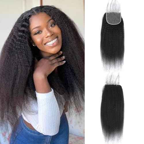 Kinky Straight 5x5 HD Lace Closure Pre Plucked Yaki Straight Closure HD Lace with Baby Hair HD Lace Closure Human Hair Free Part Natural Color Black 18 Inch
