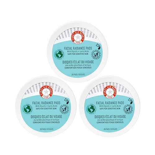 First Aid Beauty - Facial Radiance Pads with Glycolic & Lactic Acids, Daily Exfoliating Pads with AHA, Visibly Smaller Pores, Help Tone & Brighten Skin, One-Step Makeup Prep, Compostable, 28, 3ct