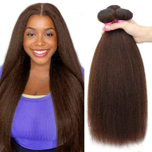 16 18 20 Inch Chocolate Brown Kinky Straight Bundles Human Hair 12A Grade 100% Unprocessed Brazilian Virgin Human Hair Weave Yaki Straight Bundles Brown