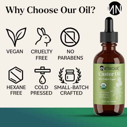 Natnique Castor Oil 2oz ? USDA Certified Organic, 100% Pure Cold Pressed Unrefined Oil for Hair Growth, Eyelashes, Eyebrows & Scalp ? Natural Skin Moisturizer, Lash Serum & Hair Treatment