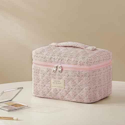 HBselect Quilted Makeup Bag, 3PCS Cotton Large Travel Makeup Bag, Cute Floral Coquette Make up Bag Cosmetic Bag Toiletry Bag for Women Girls