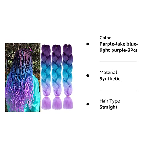 Xiaofeng 3 Packs 24Inch Kanekalon Braiding Hair Extensions Ombre Jumbo Synthetic Braids Hair Purple-Lake Blue-Light Purple