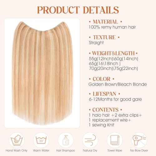Halo Hair Extensions Real Human Hair, S-noilite Hair Halo Extensions for Women 22inch Golden Brown/Bleach Blonde Halo Extensions Invisible Wire HairExtensions