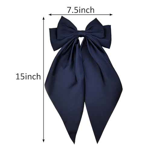 Large Navy Blue Satin Hair Bow Clip for Women Girls Oversized Long Tail Hair Accessory for Everyday Styling, 1-Pack