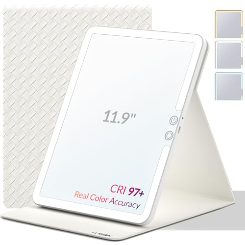Travel Makeup Mirror with Lights, Portable Lighted Vanity Mirror with 100 LED, Rechargeable, Foldable for Tabletop, 11.9 inches, White